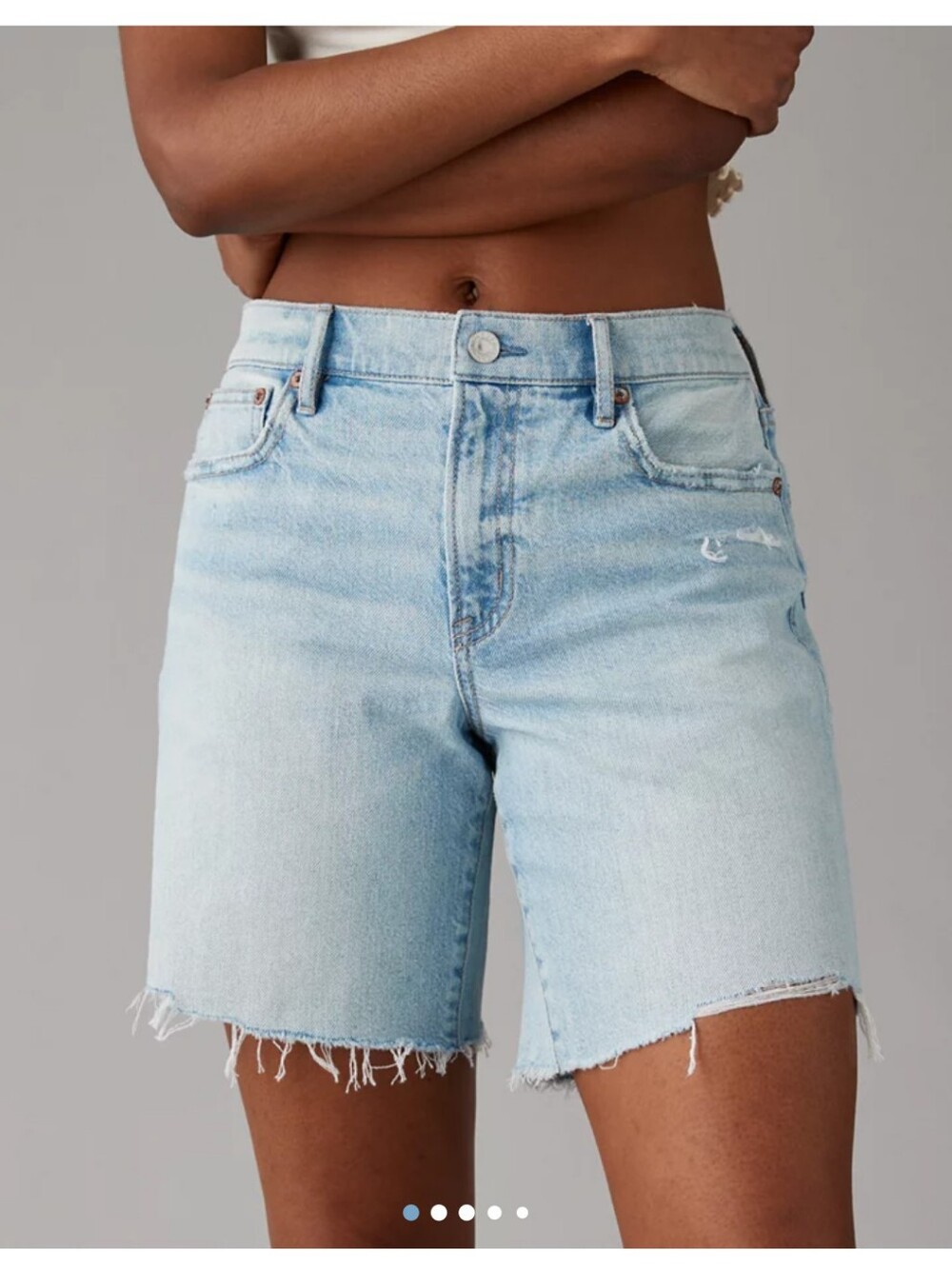 American Eagle Perfect Bermuda Short Light Wash Distressed Raw Hem 12 relaxed